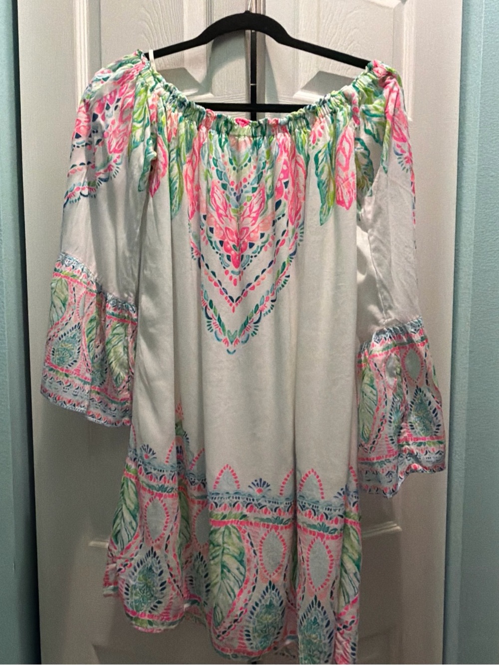 Lilly Pulitzer White Off-Shoulder Tunic with Pink and Green Botanical Print